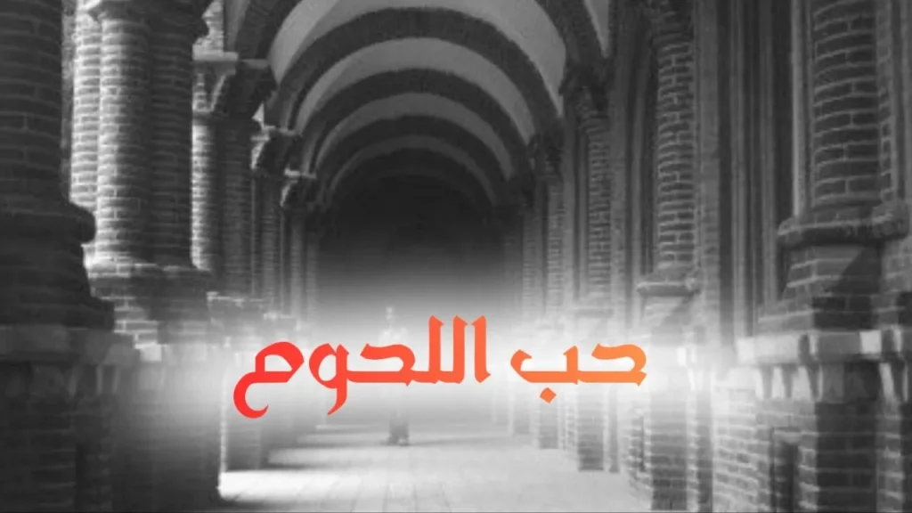 غلاف قصيدة حب اللحوم بتصميم كاريكاتيري ساخر يجسد قطعة لحم كبيرة تتصدر واجهة محل جزارة بينما يقف شاب ينظر إليها بحسرة، مع ألوان زاهية وخط عربي بارز يعكس الطابع الحلمنتيشي السوداني.